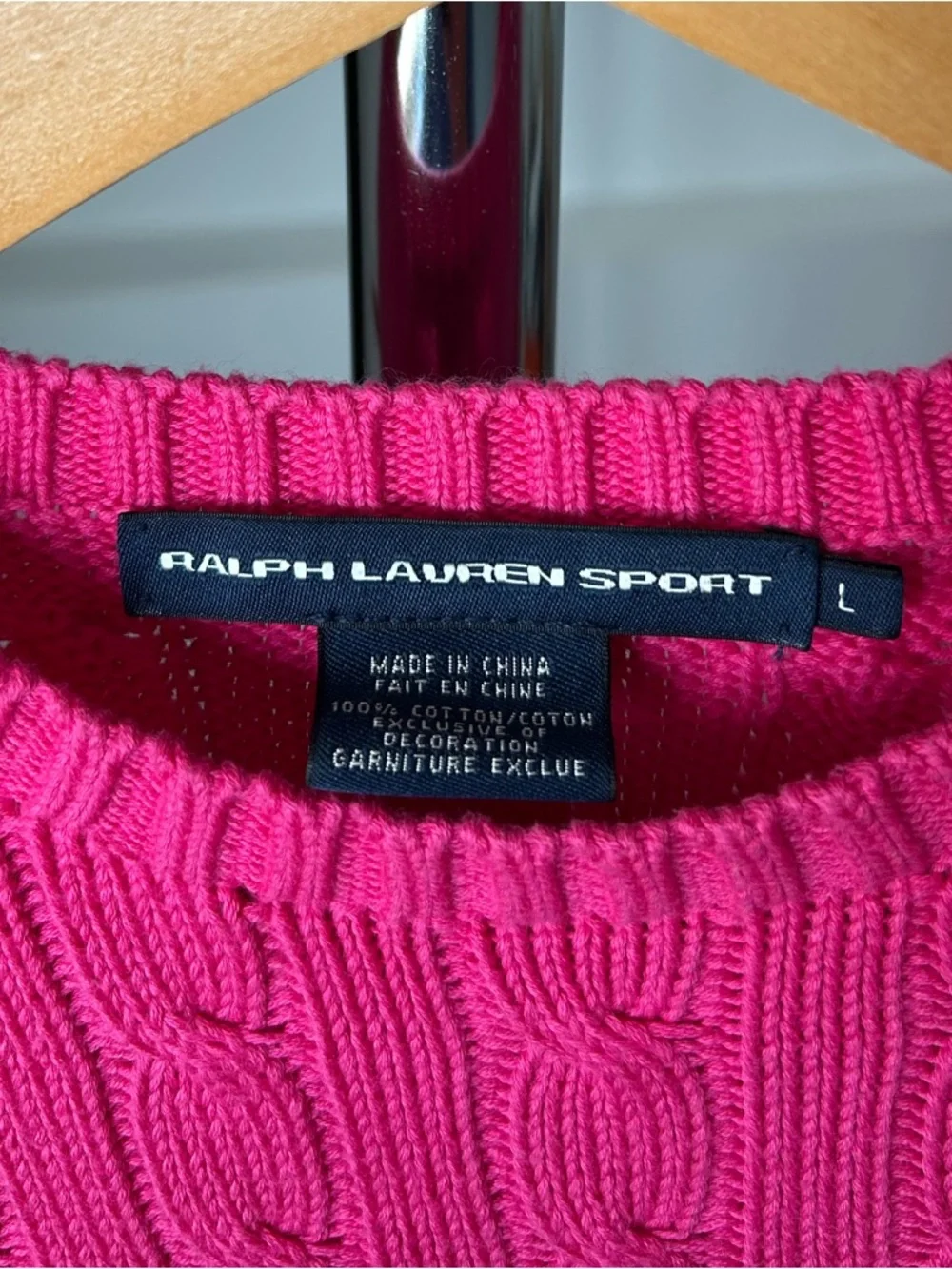 Vintage Ralph Lauren Cable Knit Crew Neck Fisherman Sweater Pink Cotton Large